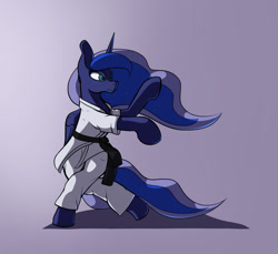 Size: 1280x1174 | Tagged: safe, artist:aquaticvibes, imported from derpibooru, princess luna, alicorn, pony, action pose, bipedal, black belt, clothes, ethereal mane, female, gi, glare, karate, mare, martial arts, solo, starry mane, starry tail