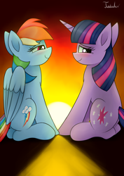 Size: 2480x3507 | Tagged: safe, artist:twidasher, imported from derpibooru, rainbow dash, twilight sparkle, pegasus, pony, unicorn, blushing, duo, female, gradient background, lesbian, shipping, signature, sunset, touching hooves, twidash, unicorn twilight