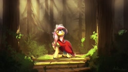 Size: 2560x1440 | Tagged: safe, artist:anticular, imported from derpibooru, fluttershy, pegasus, pony, crepuscular rays, female, forest, little red riding hood, mare, open mouth, path, scenery, solo, tree