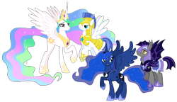 Size: 8443x4873 | Tagged: safe, artist:chainchomp2, artist:chainchomp2 edit, artist:chainchomp2 edits, artist:frownfactory, artist:santafer, edit, imported from derpibooru, princess celestia, princess luna, alicorn, bat pony, pegasus, pony, sonic rainboom (episode), absurd resolution, armor, castle creator, female, flying, guardlestia, guardluna, helmet, hoof shoes, lidded eyes, male, mare, night guard, official, pegasus royal guard, royal guard, royal guard armor, shipping, simple background, smiling, spread wings, stallion, the hub, transparent background, vector, wings