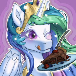 Size: 3000x3000 | Tagged: safe, artist:porcelanowyokular, imported from derpibooru, princess celestia, alicorn, pony, ;p, blueberry, blushing, bust, cake, cakelestia, cherry, chocolate cake, colored eyelashes, cute, cutelestia, female, food, herbivore, high res, licking, licking lips, magic, mare, one eye closed, portrait, solo, stars, telekinesis, that pony sure does love cakes, tongue out