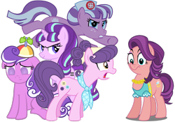 Size: 1100x770 | Tagged: safe, artist:themasterofdespair, imported from derpibooru, nurse sweetheart, screwball, spoiled rich, starlight glimmer, suri polomare, earth pony, pony, unicorn, crusaders of the lost mark, comic, equal cutie mark, female, floppy ears, mare, pink and violet, pink pony, s5 starlight, simple background, transparent background