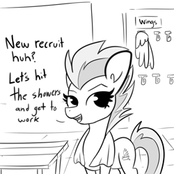 Size: 3000x3000 | Tagged: safe, artist:tjpones, imported from derpibooru, spitfire, pegasus, pony, black and white, detachable wings, dialogue, female, grayscale, locker room, mare, modular, monochrome, solo, towel, wat, when you see it, wingless