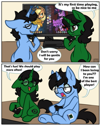 Size: 691x864 | Tagged: safe, artist:sabrib, imported from derpibooru, applejack, twilight sparkle, oc, oc:ambitious gossip, oc:tinker doo, fighting is magic, 2 panel comic, comic, controller, dialogue, glasses, shocked, smiling, surprised, television, text, video game