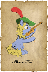 Size: 1000x1500 | Tagged: safe, alternate version, artist:malte279, imported from derpibooru, oc, oc:alan a' foal, earth pony, tails of equestria, fiddle, minstrel, musical instrument, npc, parchment, robin hood, violin
