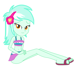 Size: 953x839 | Tagged: safe, artist:gmaplay, imported from derpibooru, part of a set, lyra heartstrings, human, equestria girls, equestria girls series, spring breakdown, spoiler:eqg series (season 2), belly button, clothes, feet, female, looking at you, lyra heartstrings swimsuit, sandals, simple background, sitting, sleeveless, solo, striped swimsuit, swimsuit, transparent background, vector