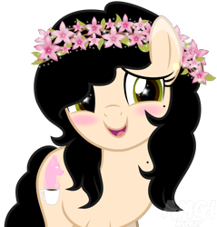 Size: 3938x4114 | Tagged: safe, artist:amgiwolf, imported from derpibooru, oc, oc only, oc:amgi, earth pony, pony, blushing, earth pony oc, female, floral head wreath, flower, mare, open mouth, simple background, smiling, solo, transparent background