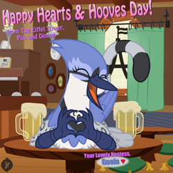Size: 1920x1920 | Tagged: safe, artist:facelessjr, artist:niggerfaggot, imported from derpibooru, oc, oc only, oc:gaela, bird, blue jay, griffon, alcohol, curtains, happy, heart hands, hearts and hooves day, lamp, lying down, mug, musical instrument, open mouth, piano, picture frame, pillow, pose, smiling, stage, table, text, window