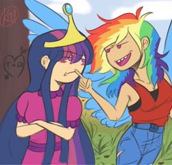 Size: 2048x1975 | Tagged: safe, artist:kaifeather, imported from derpibooru, rainbow dash, twilight sparkle, alicorn, human, adventure time, blushing, crossover, cute, female, flirting, humanized, lesbian, shipping, twidash, twilight sparkle (alicorn), winged humanization, wings