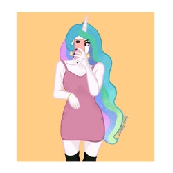 Size: 1080x1080 | Tagged: safe, artist:luna.queex, imported from derpibooru, princess celestia, human, equestria girls, abstract background, cellphone, clothes, female, horn, horned humanization, humanized, nail polish, phone, selfie, signature, smartphone, solo