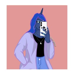 Size: 1080x1080 | Tagged: safe, artist:luna.queex, imported from derpibooru, princess luna, human, equestria girls, abstract background, cellphone, clothes, ear piercing, earring, ethereal mane, female, horn, horned humanization, humanized, jacket, jewelry, nail polish, necklace, pants, phone, piercing, selfie, signature, smartphone, solo, starry mane