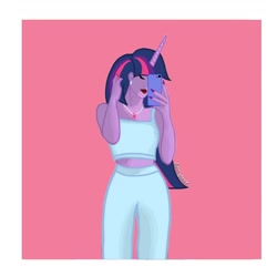 Size: 1080x1080 | Tagged: safe, artist:luna.queex, imported from derpibooru, twilight sparkle, equestria girls, abstract background, cellphone, clothes, female, jewelry, lipstick, nail polish, necklace, pants, phone, selfie, signature, smartphone, solo