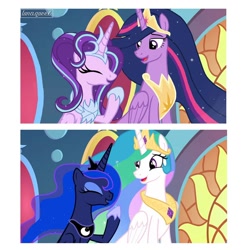 Size: 1080x1080 | Tagged: safe, artist:luna.queex, edit, edited screencap, imported from derpibooru, screencap, princess celestia, princess luna, starlight glimmer, twilight sparkle, alicorn, pony, the last problem, alicornified, alternate ending, comparison, ethereal mane, eyelashes, eyes closed, female, hoof shoes, horn, how it should have ended, jewelry, laughing, mare, older, older twilight, peytral, princess twilight 2.0, race swap, siblings, sisters, starlicorn, starry mane, tiara, twilight sparkle (alicorn), wings, xk-class end-of-the-world scenario