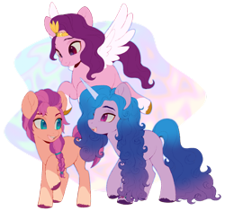 Size: 1280x1201 | Tagged: safe, artist:delzol, imported from derpibooru, izzy moonbow, pipp petals, sunny starscout, earth pony, pegasus, pony, unicorn, abstract background, braid, female, g5, looking at each other, mare, open mouth, pipp, raised hoof, simple background, smiling, spread wings, transparent background, unshorn fetlocks, wings