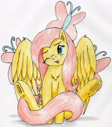 Size: 2752x3111 | Tagged: safe, artist:40kponyguy, derpibooru exclusive, imported from derpibooru, fluttershy, pegasus, pony, :p, bunny sitting, chest fluff, cute, cutie mark background, daaaaaaaaaaaw, ear fluff, female, head tilt, mare, one eye closed, shyabetes, simple background, solo, spread wings, tongue out, traditional art, underhoof, wings, wink