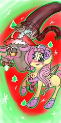 Size: 540x1080 | Tagged: safe, artist:cocolove2176, imported from derpibooru, discord, fluttershy, draconequus, pegasus, pony, abstract background, blushing, christmas, clothes, discoshy, female, hat, holiday, male, mare, mittens, santa hat, scarf, shipping, straight, wings