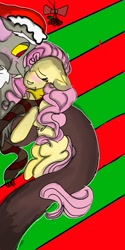 Size: 540x1080 | Tagged: safe, artist:cocolove2176, imported from derpibooru, discord, fluttershy, draconequus, hybrid, pegasus, pony, christmas, clothes, discoshy, eyes closed, female, hat, holiday, holly, holly mistaken for mistletoe, male, mare, offspring, santa hat, scarf, shipping, straight, wings