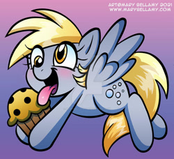 Size: 600x548 | Tagged: safe, artist:marybellamy, imported from derpibooru, derpy hooves, ditzy doo, pegasus, pony, blushing, cute, derpabetes, deviantart watermark, food, muffin, obtrusive watermark, open mouth, solo, that pony sure does love muffins, tongue out, watermark, zorilita