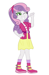 Size: 1175x1768 | Tagged: safe, artist:gmaplay, imported from derpibooru, sweetie belle, human, equestria girls, clothes, female, hand on hip, looking at you, one eye closed, shoes, simple background, skirt, solo, teeth, transparent background, wink, winking at you