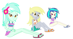 Size: 1213x659 | Tagged: safe, artist:gmaplay, imported from derpibooru, derpy hooves, dj pon-3, lyra heartstrings, vinyl scratch, human, equestria girls, equestria girls series, spring breakdown, spoiler:eqg series (season 2), belly button, clothes, feet, female, looking at you, lyra heartstrings swimsuit, one-piece swimsuit, open mouth, sandals, simple background, sitting, solo, striped swimsuit, swimsuit, transparent background, trio, trio female, vector
