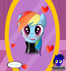 Size: 3840x4154 | Tagged: safe, artist:damlanil, imported from derpibooru, rainbow dash, pegasus, pony, blushing, carousel boutique, catsuit, clothes, comic, cute, dashabetes, female, happy, heart, heart eyes, latex, latex suit, looking at you, mare, mirror, open mouth, rubber, shine, shiny, simple background, smiling, spy, suit, text, vector, wingding eyes, wings