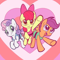 Size: 2080x2080 | Tagged: safe, artist:pfeffaroo, imported from derpibooru, apple bloom, scootaloo, sweetie belle, earth pony, pegasus, pony, unicorn, bow, clothes, crossover, cute, cutie mark crusaders, dress, female, filly, hair bow, heart, high res, open mouth, the powerpuff girls