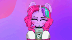 Size: 709x399 | Tagged: safe, artist:techycutie, imported from derpibooru, oc, oc only, oc:techy twinkle, pony, unicorn, animated, blushing, coffee, gif, live2d, sparkle eyes, sparkly eyes, starbucks, vtuber