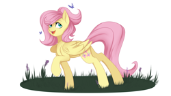 Size: 1920x1080 | Tagged: safe, artist:chickenbrony, artist:cottonaime, imported from derpibooru, fluttershy, butterfly, pegasus, pony, alternate hairstyle, cute, grass, happy, looking up, open mouth, raised hoof, shyabetes, smiling, solo