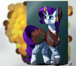 Size: 2500x2160 | Tagged: safe, artist:tenebrisnoctus, imported from derpibooru, rarity, pony, unicorn, abstract background, clothes, ear piercing, earring, female, horn, horn jewelry, jewelry, mare, piercing, solo, unshorn fetlocks