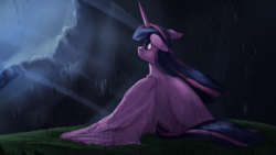 Size: 1600x900 | Tagged: safe, artist:tenebrisnoctus, imported from derpibooru, twilight sparkle, alicorn, pony, facing away, female, floppy ears, mare, rain, sitting, solo, twilight sparkle (alicorn), windswept mane