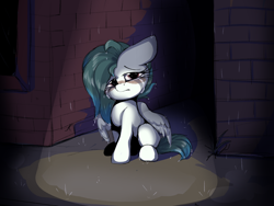 Size: 4000x3000 | Tagged: safe, artist:arume_lux, artist:luxsimx, imported from derpibooru, oc, oc only, oc:ethereal pelagia, pegasus, pony, crying, female, filly, floppy ears, looking at you, pegasus oc, rain, sad, sitting, solo, wings