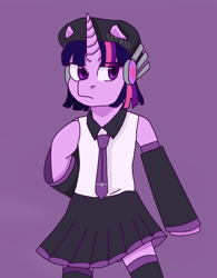 Size: 1508x1930 | Tagged: safe, artist:theedgyduck, imported from derpibooru, twilight sparkle, semi-anthro, unicorn, clothes, crossover, defoko, detached sleeves, female, hand on chest, hat, mare, necktie, skirt, solo, standing up, standing upright, unicorn twilight, uta utane, utauloid