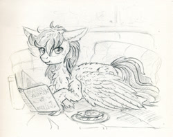 Size: 999x795 | Tagged: safe, artist:maytee, imported from derpibooru, oc, oc only, pegasus, pony, book, chest fluff, cookie, couch, ear fluff, floppy ears, food, monochrome, pillow, sketch, solo, traditional art