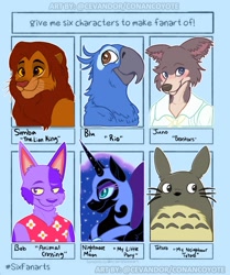 Size: 1800x2150 | Tagged: safe, artist:cevandor, imported from derpibooru, nightmare moon, alicorn, anthro, big cat, bird, cat, dog, lion, macaw, parrot, pony, wolf, six fanarts, animal crossing, anthro with ponies, beastars, bob, bust, clothes, crossover, ethereal mane, female, helmet, horn, juno, juno (beastars), mare, my neighbor totoro, peytral, rio, simba, smiling, spix's macaw, starry mane, the lion king, totoro, tyler blu gunderson, wings