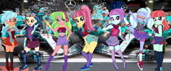 Size: 1384x577 | Tagged: safe, artist:gmaplay, imported from derpibooru, frosty orange, indigo zap, lemon zest, melon mint, sour sweet, sugarcoat, sunny flare, equestria girls, clothes, converse, formula 1, group, mercedes, mercedes-benz, race queen, racing, racing suit, shadowbolts, shoes, solo