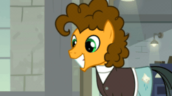 Size: 600x336 | Tagged: safe, imported from derpibooru, screencap, sans smirk, earth pony, pony, season 9, the last laugh, spoiler:s09, animated, implied cheese sandwich, male, mask, solo, stallion
