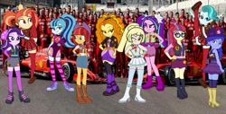 Size: 1256x636 | Tagged: safe, artist:gmaplay, imported from derpibooru, adagio dazzle, aria blaze, jade spade, lighthoof, moondancer, shimmy shake, sonata dusk, space camp, space camp (character), starlight glimmer, oc, oc:lillie belle, equestria girls, boots, clothes, converse, cute, lillie (pokemon), microskirt, miniskirt, shoes, skirt, socks, solo, sonatabetes, spade jade, stockings, striped socks, thigh boots, thigh highs, thigh socks