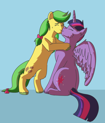 Size: 3269x3818 | Tagged: safe, artist:applejackofalltrades, imported from derpibooru, apple fritter, twilight sparkle, alicorn, earth pony, pony, apple family member, commission, kissing, shipping, simple background, twifritter, twilight sparkle (alicorn)