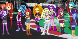 Size: 1256x636 | Tagged: safe, alternate version, artist:gmaplay, imported from derpibooru, adagio dazzle, aria blaze, jade spade, lighthoof, moondancer, shimmy shake, sonata dusk, space camp, space camp (character), starlight glimmer, oc, oc:lillie belle, equestria girls, boots, clothes, converse, ferrari, formula 1, glasses, lillie (pokemon), microskirt, miniskirt, race queen, race track, racing, racing suit, scuderia ferrari, shoes, skirt, socks, stockings, striped socks, thigh boots, thigh highs, thigh socks