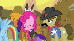 Size: 852x480 | Tagged: safe, imported from derpibooru, screencap, little strongheart, pinkie pie, rainbow dash, sheriff silverstar, buffalo, earth pony, pony, over a barrel, season 1, animated, apple, clothes, dress, female, food, gif, male, mare, saloon dress, saloon pinkie, sexy, stallion, swaying hips, you gotta share
