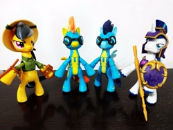 Size: 4032x3024 | Tagged: safe, imported from derpibooru, daring do, shining armor, soarin', spitfire, pegasus, unicorn, armor, bipedal, guardians of harmony, hat, irl, misadventures of the guardians, photo, shield, standing, toy, wonderbolts