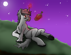 Size: 3300x2550 | Tagged: safe, artist:tofuslied-, imported from derpibooru, oc, pony, unicorn, bags under eyes, bottle, levitation, magic, night, telekinesis, underhoof