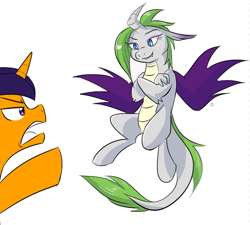 Size: 663x596 | Tagged: safe, artist:gjkou, imported from derpibooru, oc, oc:sharpshine, oc:zenith, dracony, dragon, hybrid, pony, unicorn, duo, female, interspecies offspring, male, offspring, parent:flash sentry, parent:rarity, parent:spike, parent:twilight sparkle, parents:flashlight, parents:sparity, simple background, stallion, white background