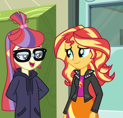 Size: 6000x5760 | Tagged: safe, artist:emeraldblast63, imported from derpibooru, moondancer, sunset shimmer, equestria girls, arm behind back, canterlot high, clothes, duo, duo female, equestria girls-ified, female, glasses, hallway, hoodie, jacket