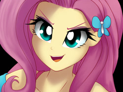 Size: 1221x916 | Tagged: safe, artist:astevenamedwolf, imported from derpibooru, fluttershy, equestria girls, equestria girls series, black background, bust, evil grin, female, hair accessory, looking at you, open mouth, portrait, simple background, smiling, smirk, solo