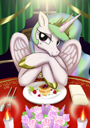 Size: 2480x3508 | Tagged: safe, artist:neoshrek, imported from derpibooru, princess celestia, alicorn, pony, candle, date, flower, fork, high res, solo, spoon