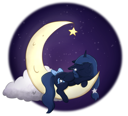 Size: 1024x925 | Tagged: safe, artist:foxhatart, imported from derpibooru, oc, oc only, oc:night star, alicorn, pony, alicorn oc, bow, crescent moon, female, horn, mare, moon, sleeping, sleeping on moon, solo, tail bow, tangible heavenly object, transparent moon, wings