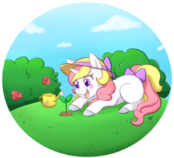 Size: 1024x928 | Tagged: safe, artist:foxhatart, imported from derpibooru, oc, oc only, oc:taffy, pony, unicorn, bow, female, hat, lying down, mare, plant, prone, solo, tail bow, watering can