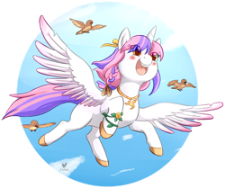 Size: 1024x858 | Tagged: safe, artist:foxhatart, imported from derpibooru, oc, oc only, oc:lola, alicorn, bird, pony, female, flying, mare, solo