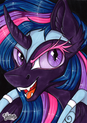 Size: 3459x4899 | Tagged: safe, alternate version, artist:julunis14, imported from derpibooru, twilight sparkle, alicorn, pony, alternate hairstyle, armor, curved horn, ear fluff, fangs, gameloft, gameloft interpretation, horn, markers, nightmare twilight, nightmarified, signature, solo, traditional art, twilight sparkle (alicorn), wing armor